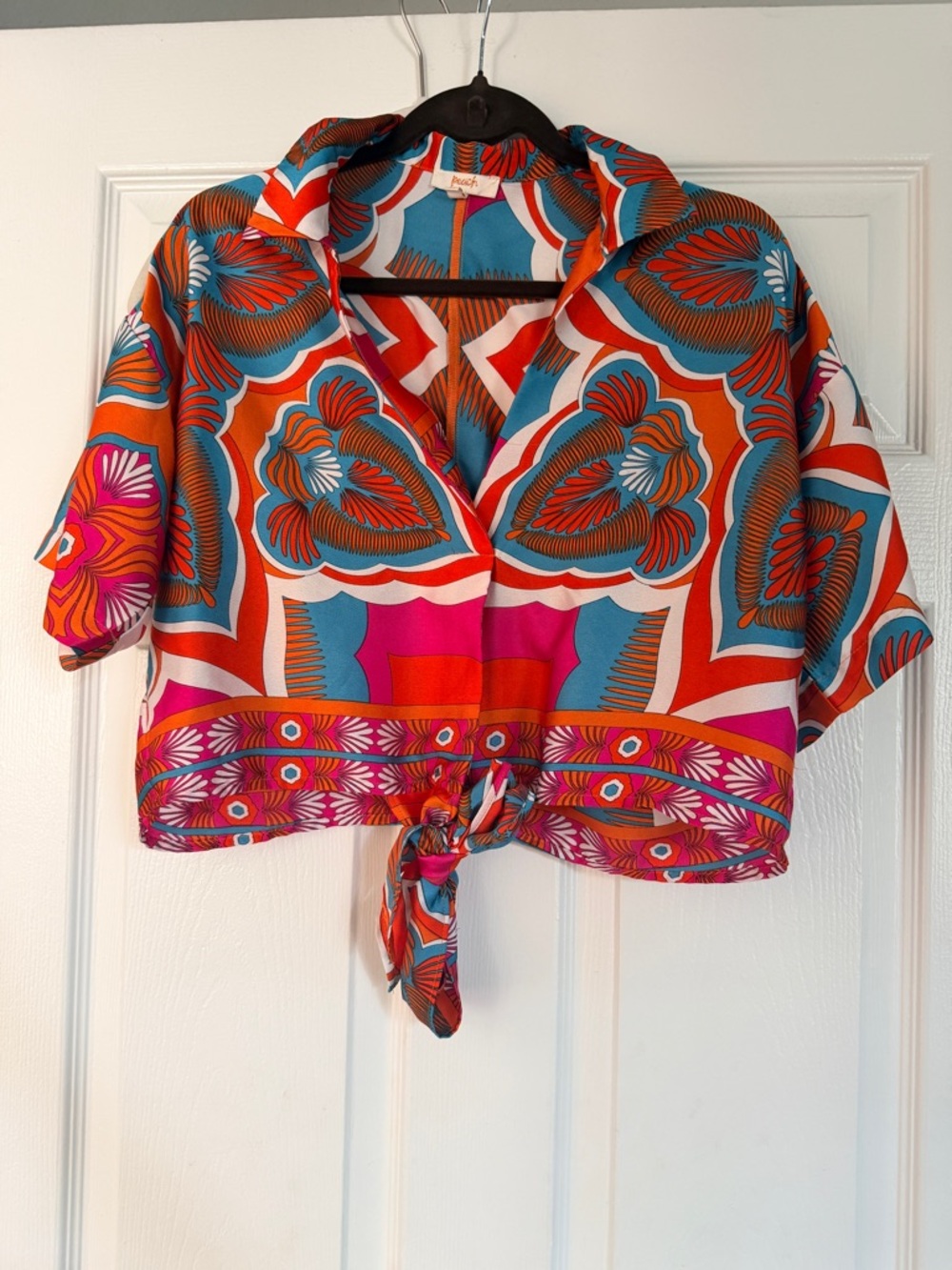Tie-Front Cropped Camp Shirt in Orange, Teal & Pink